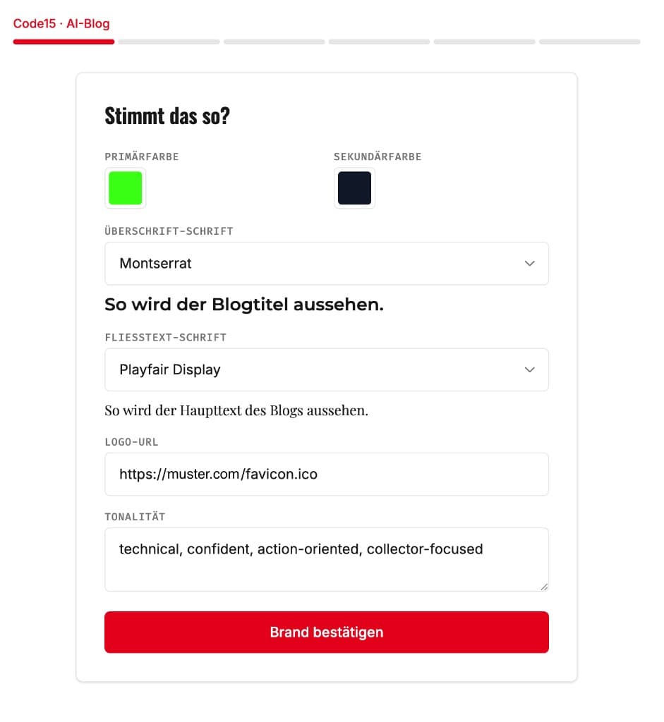 Brand-Setup: Farben, Schriften und Logo bestätigen